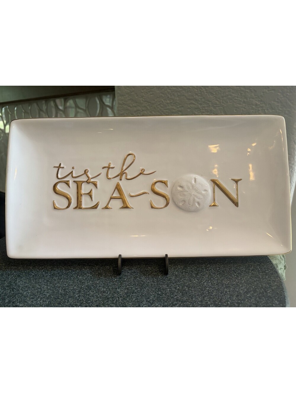 Mud Pie Gold Letters Tis The Sea-son Shell Ceramic Rectangular Serving Platter